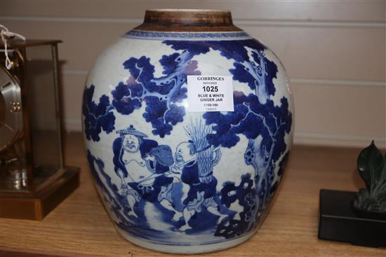 An 18th century Chinese blue and white ginger jar, lacks cover H.24cm